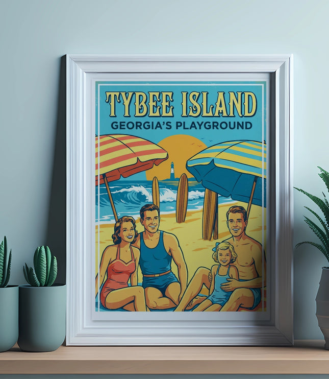 Framed vintage poster: "Tybee Island, Georgia's Playground" with a family on the beach.