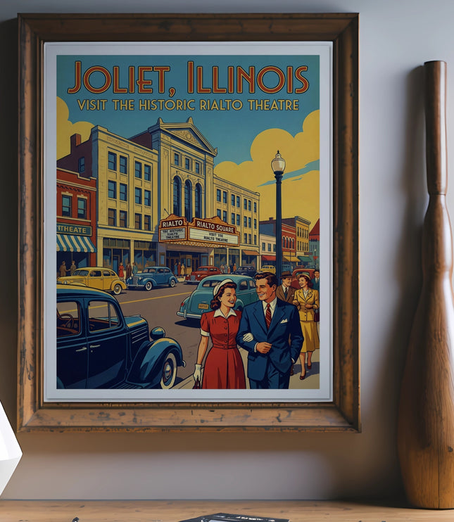 Joliet, Illinois poster featuring the Historic Rialto Theatre and vintage cars.