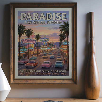 Vintage "Paradise Las Vegas, Nevada" poster with retro cars and neon signs.