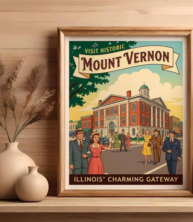 "Visit Historic Mount Vernon" artwork featuring vintage buildings and people, "Illinois' Charming Gateway."