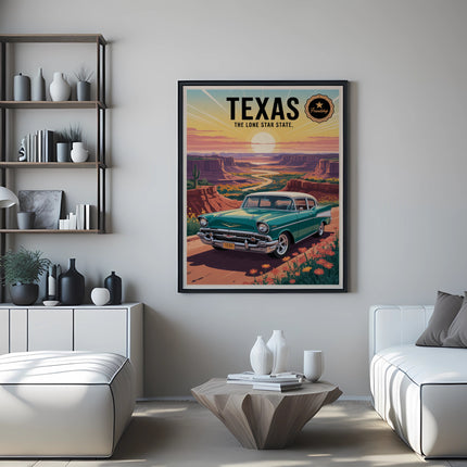Vintage teal car driving through Texas landscape on poster.