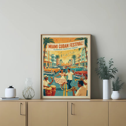 Miami Cuban Festival Florida's Tropical Fiesta poster with vintage cars and musicians.