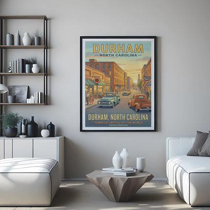 Framed "Durham, North Carolina" travel poster of a vintage street scene.