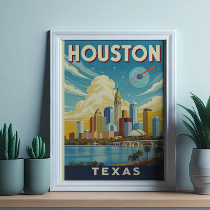 Framed poster featuring Houston skyline with "TEXAS" text.
