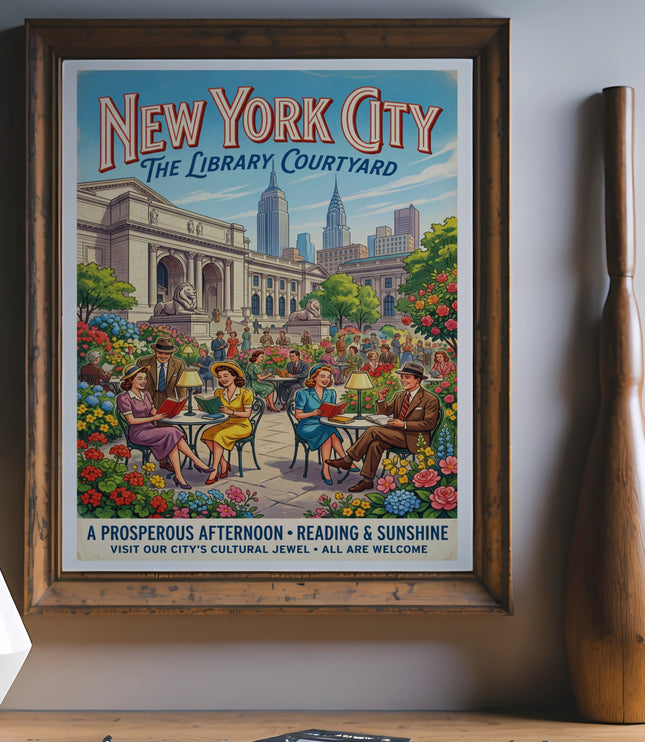New York City Library Courtyard poster with people reading among flowers.