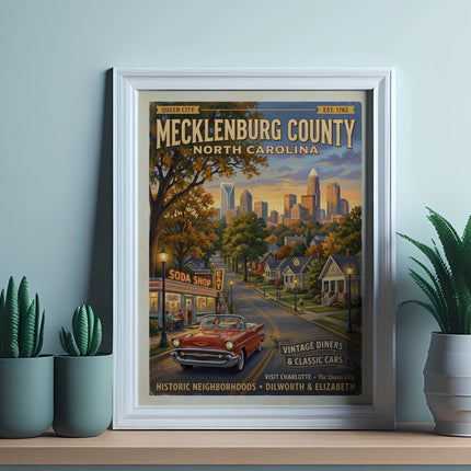 Mecklenburg County North Carolina poster with vintage cars and city skyline.