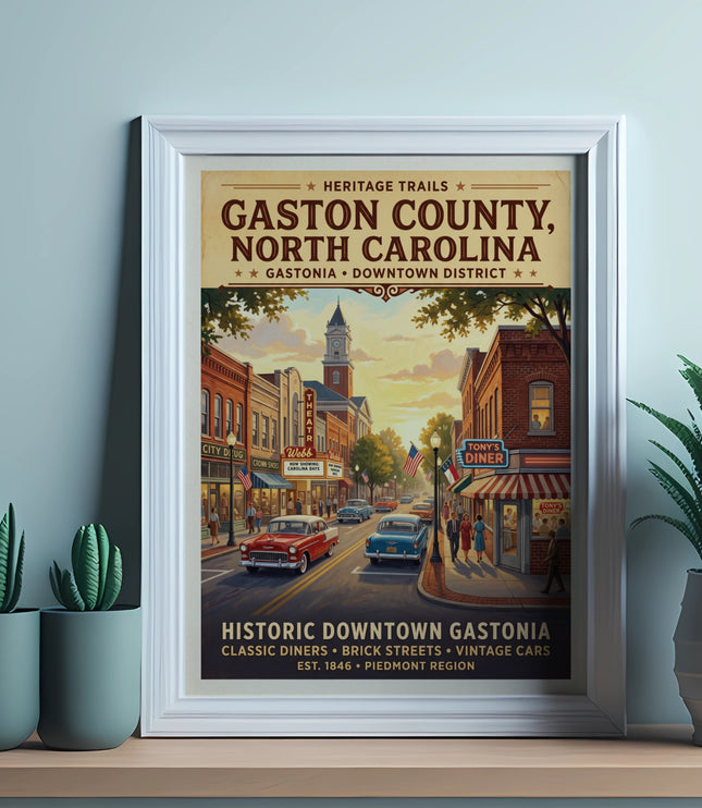 Vintage poster of Gaston County, North Carolina with downtown Gastonia scene.