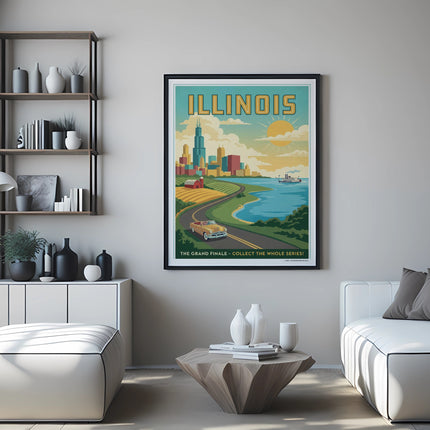 Illinois poster depicting Chicago skyline, lake, and highway with text.