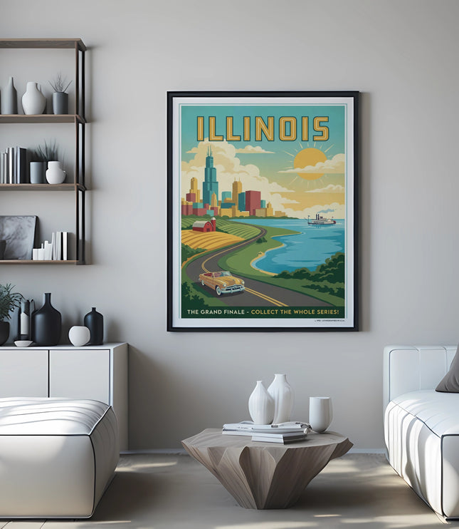 Illinois poster depicting Chicago skyline, lake, and highway with text.