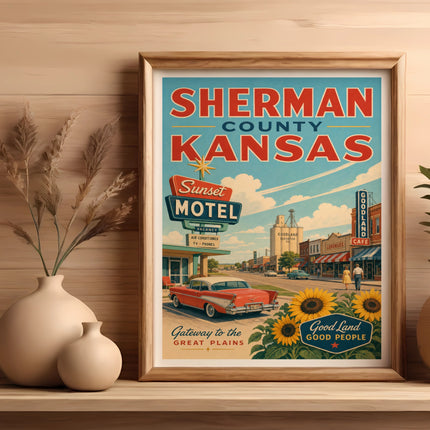 Sherman County Kansas Sunset Motel retro travel poster with vintage car.
