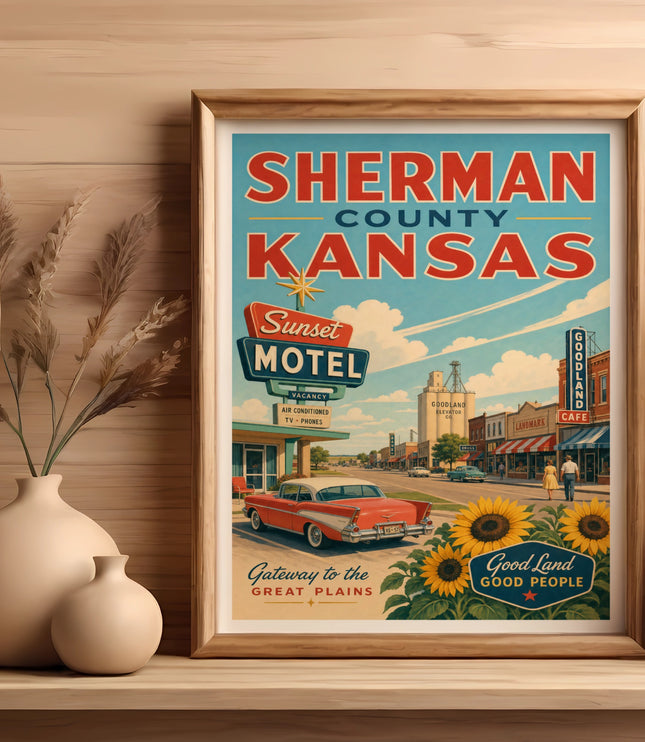 Sherman County Kansas Sunset Motel retro travel poster with vintage car.