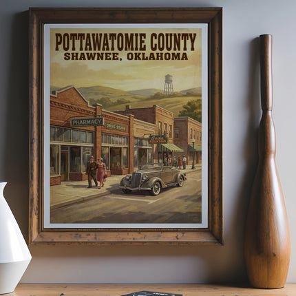 Pottawatomie County Shawnee, Oklahoma vintage art with buildings and car.