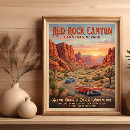 Red Rock Canyon Las Vegas Nevada poster with winding road and vintage cars.