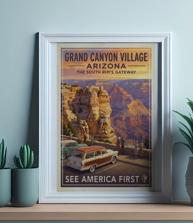 Vintage poster: Grand Canyon Village, Arizona, The South Rim's Gateway, See America First.