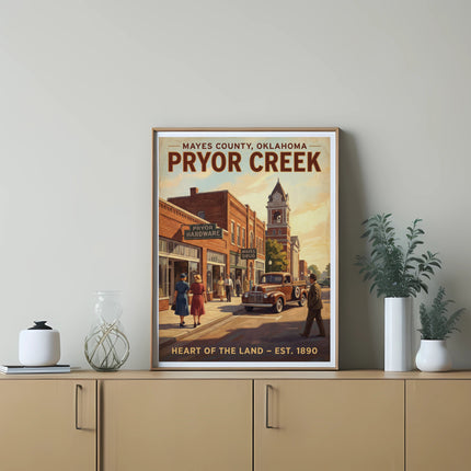 Retro Pryor Creek, Oklahoma vintage travel poster with town scene and text.