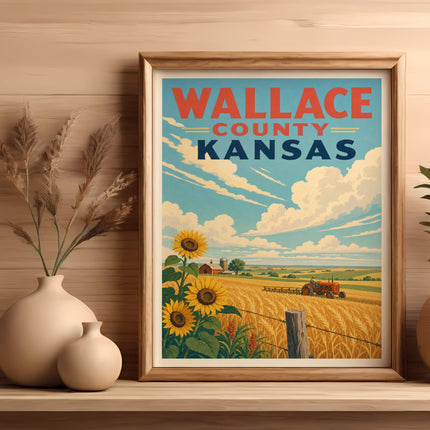 Framed vintage poster of Wallace County, Kansas, featuring sunflowers, wheat field, and tractor.