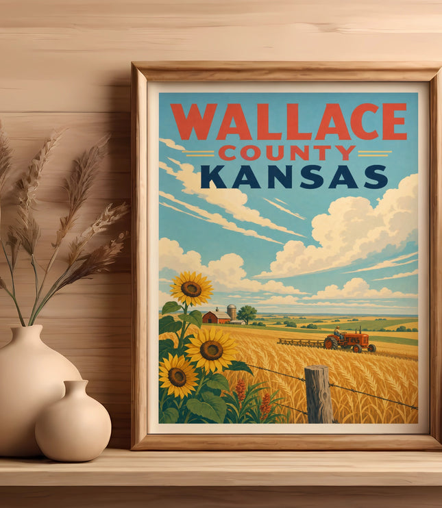 Framed vintage poster of Wallace County, Kansas, featuring sunflowers, wheat field, and tractor.