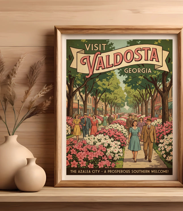 Vintage poster of Valdosta Georgia featuring people strolling through azaleas.