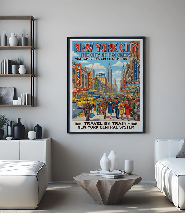 New York City travel poster with Empire State Building and "New York Central System" text.