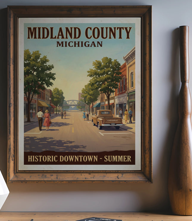 Midland County Michigan poster of historic downtown in summer with vintage truck.
