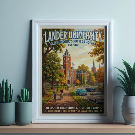 Lander University poster with historic architecture, people, and vintage cars.