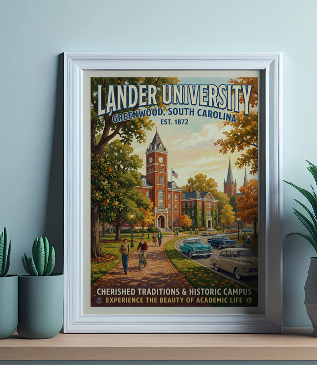 Lander University poster with historic architecture, people, and vintage cars.