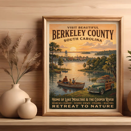 Vintage poster for Berkeley County, South Carolina, depicting fishing and nature activities.