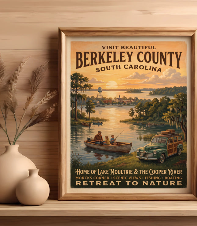 Vintage poster for Berkeley County, South Carolina, depicting fishing and nature activities.