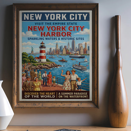 New York City Harbor vintage travel poster with ships, people, and lighthouse.
