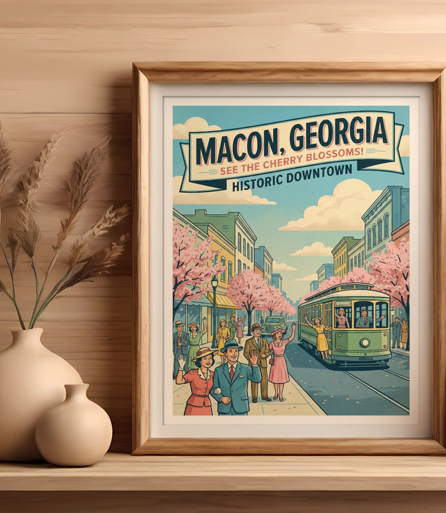 Macon, Georgia Historic Downtown poster featuring cherry blossoms, a trolley, and people.