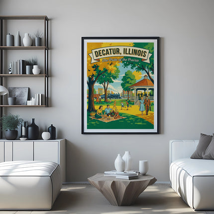 Poster of Decatur, Illinois, the Pride of the Prairie, with people in a park.