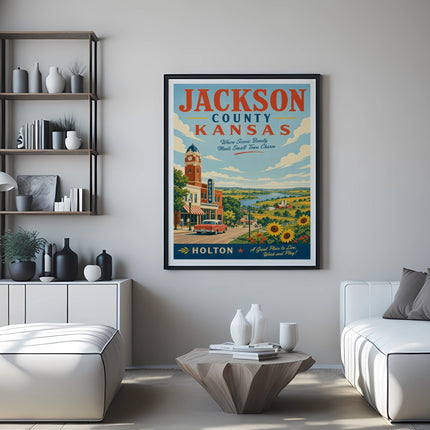 Jackson County, Kansas poster with "HOLTON" and scenic small town charm.