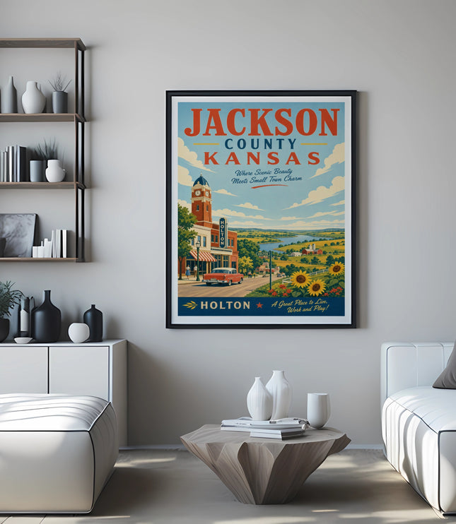 Jackson County, Kansas poster with "HOLTON" and scenic small town charm.