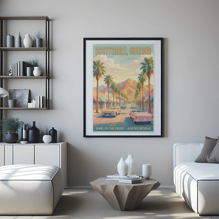Framed retro poster of Scottsdale, Arizona with palm trees and classic cars.
