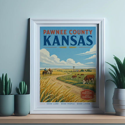 Pawnee County Kansas poster with cowboys, cows, windmill, and text.