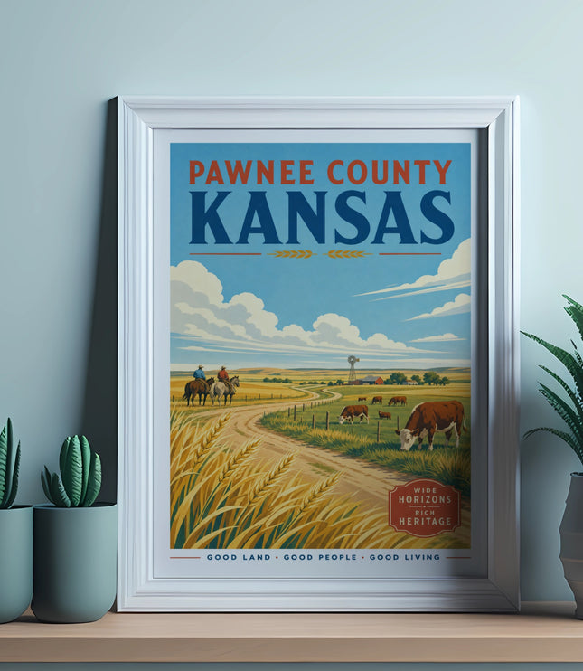 Pawnee County Kansas poster with cowboys, cows, windmill, and text.