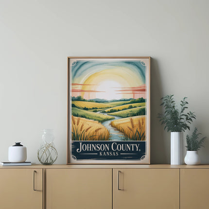 Johnson County, Kansas landscape artwork with rolling hills and a river.