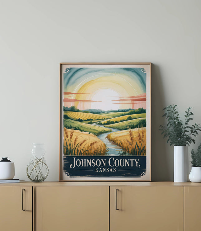 Johnson County, Kansas landscape artwork with rolling hills and a river.