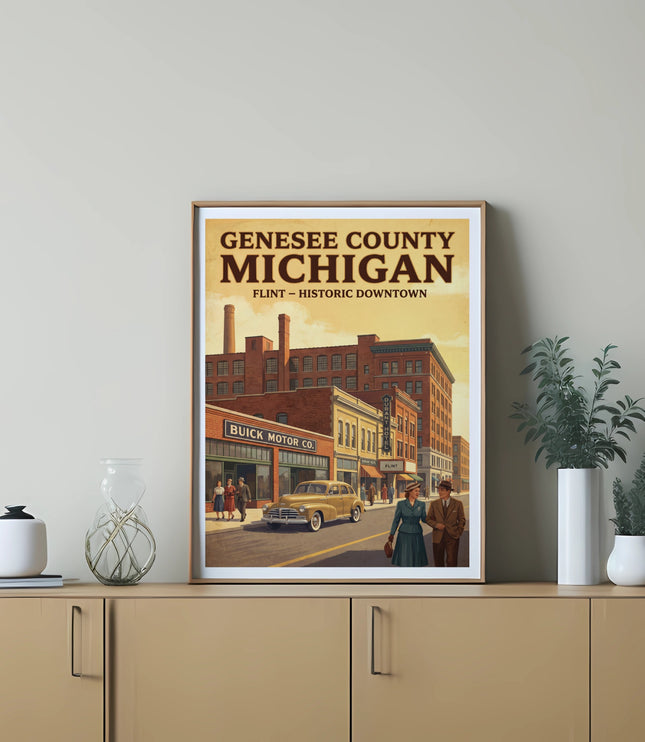 Genesee County Michigan Flint Downtown retro poster with Buick Motor Co. building.