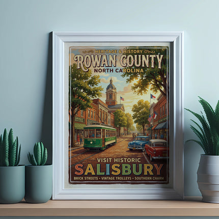 Vintage poster of Rowan County, North Carolina, featuring a trolley and historic Salisbury.