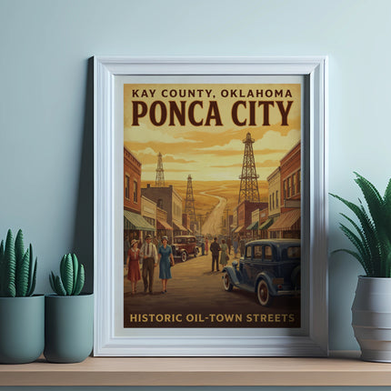 Poster of "Kay County, Oklahoma," featuring Ponca City and oil-town streets.