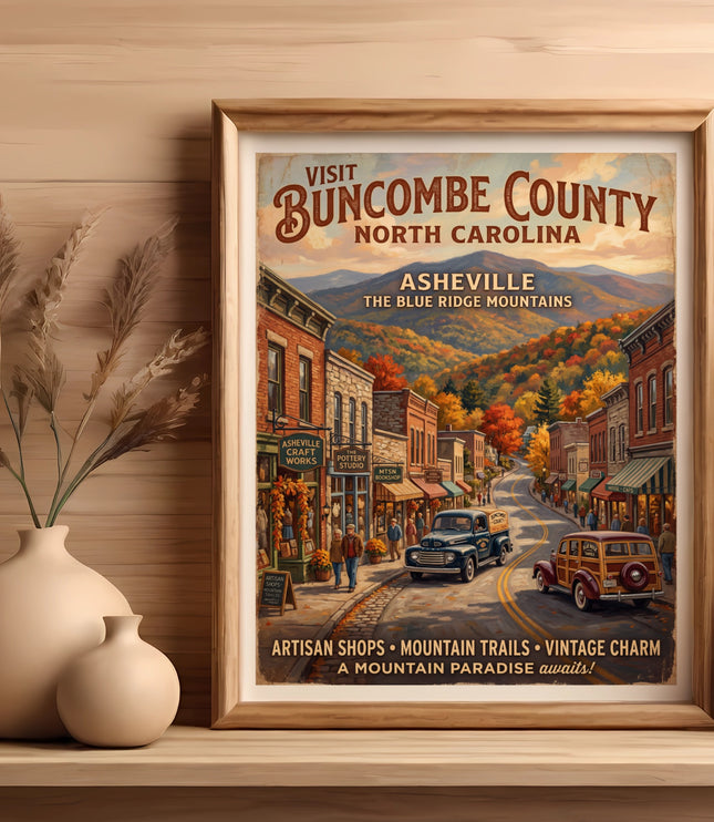 Vintage travel poster of Asheville, NC, with shops, mountains, and vintage cars.