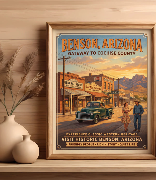Vintage travel poster of Benson, Arizona with a vintage truck, couple, and historic buildings.