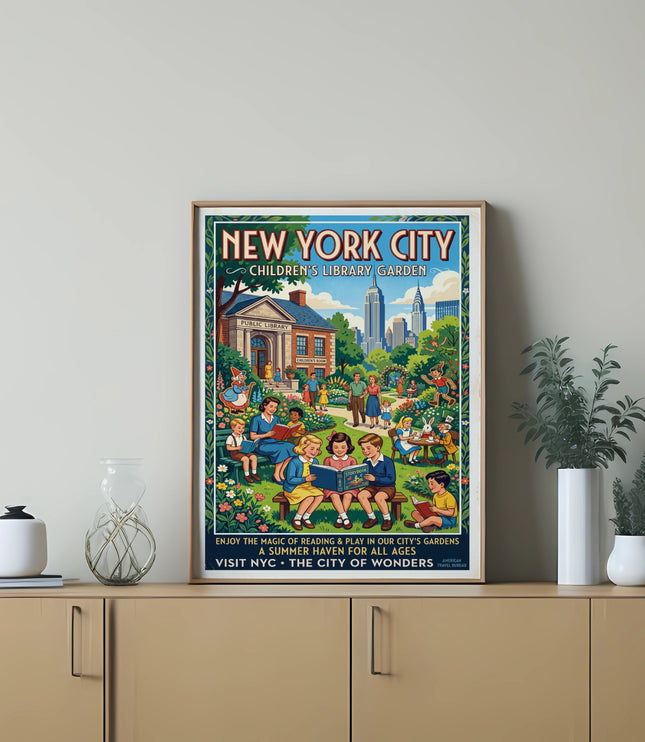 New York City poster shows children reading at a library garden with Empire State Building.