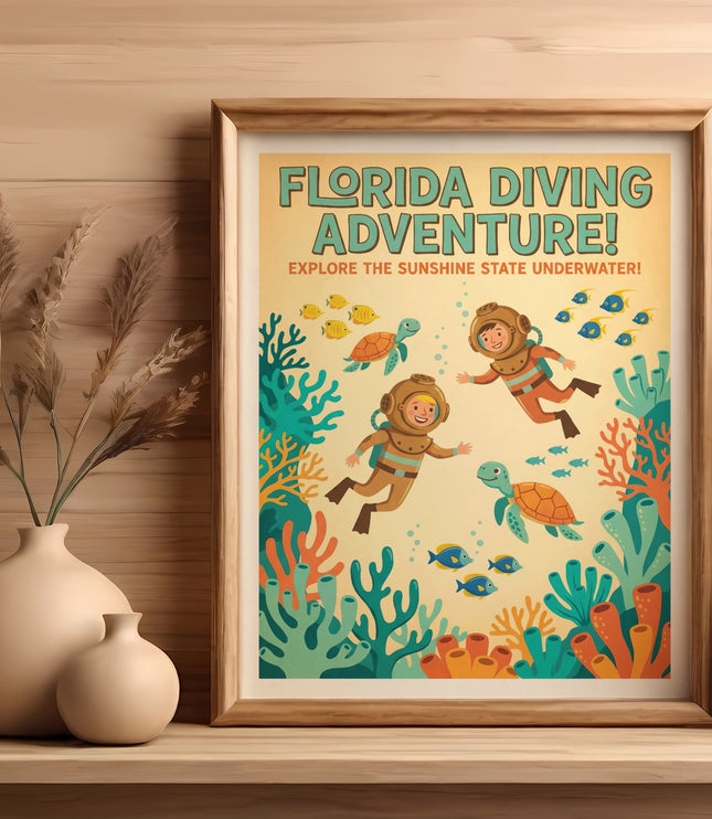 "Florida Diving Adventure!" poster with divers, turtles, and fish in a coral reef.
