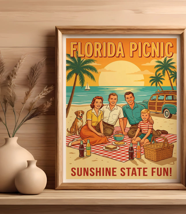 Vintage Florida picnic poster featuring a family and dog on a beach with a retro car.