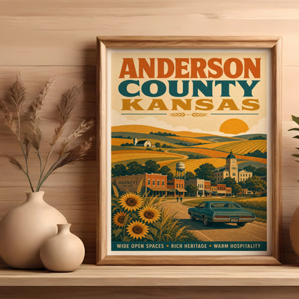 Anderson County Kansas poster with Garnett landmark, sunflowers, and text.