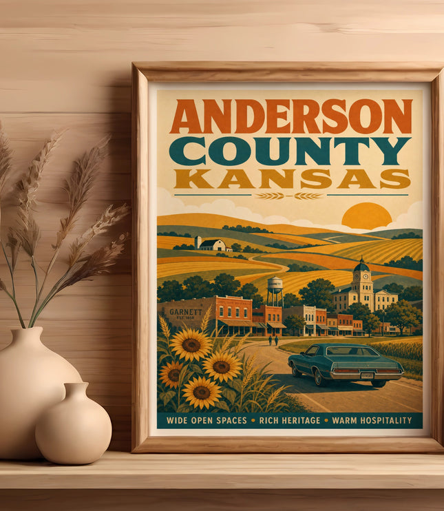 Anderson County Kansas poster with Garnett landmark, sunflowers, and text.