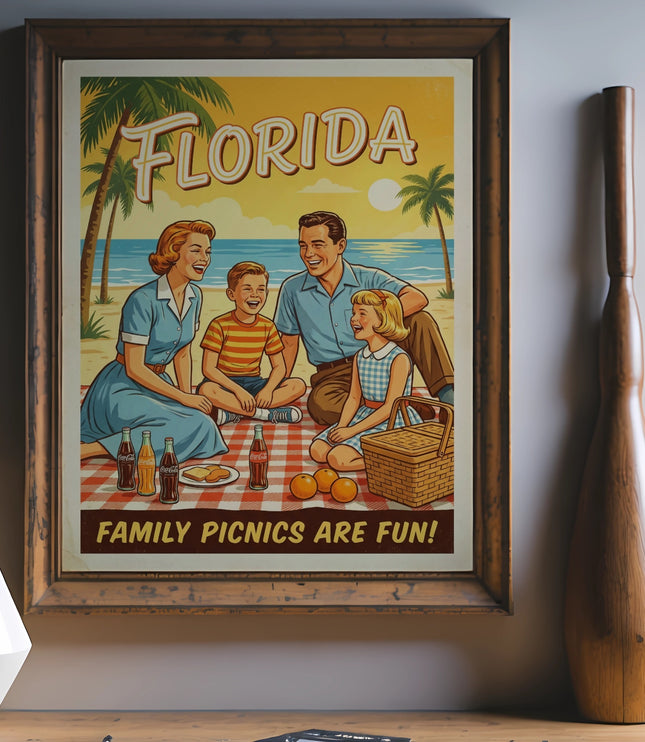 Florida travel poster featuring a retro family picnic on the beach.