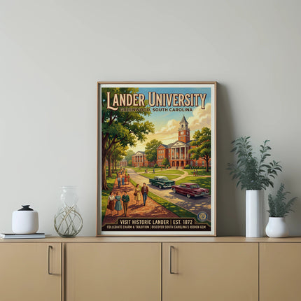 Lander University vintage travel poster from Greenwood, South Carolina.